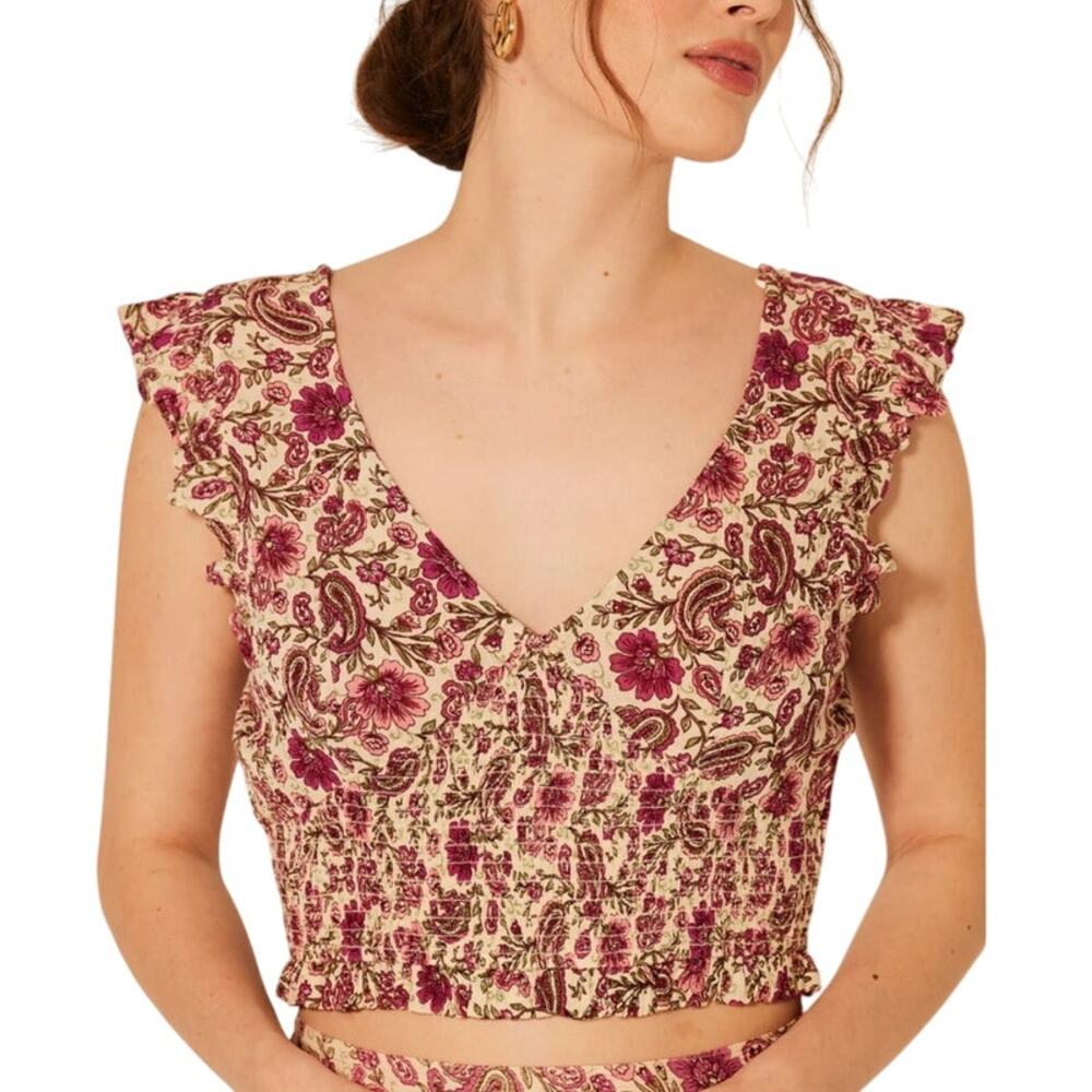 Patrons of Peace Pink Paisley & Floral Print V-Neck Crop Top Size Medium NEW - Picture 6 of 11